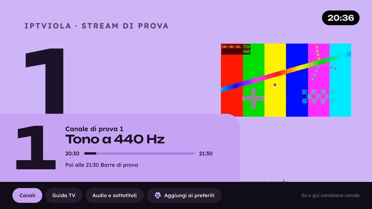 Un canale in riproduzione con il riquadro delle informazioni: numero, programma in onda e avanzamento